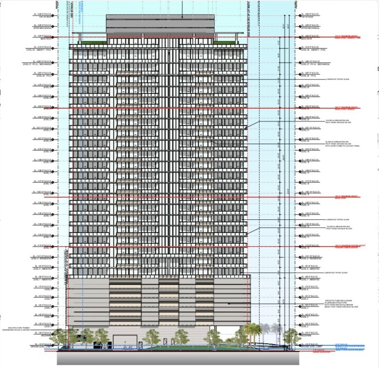 Elevation drawing of the proposed 28-story tower at 7915 East Drive