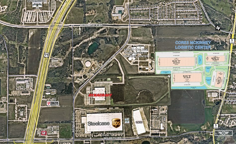 Aerial site plan of the Core5 McKinney Logistic Center, showing the campus including Building E near US-75 and Bloomdale Road