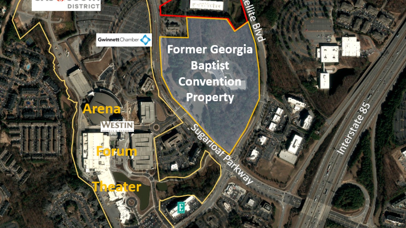 Aerial map of the Hanover Sugarloaf site along Sugarloaf Parkway near Gas South Arena and I-85 in Duluth