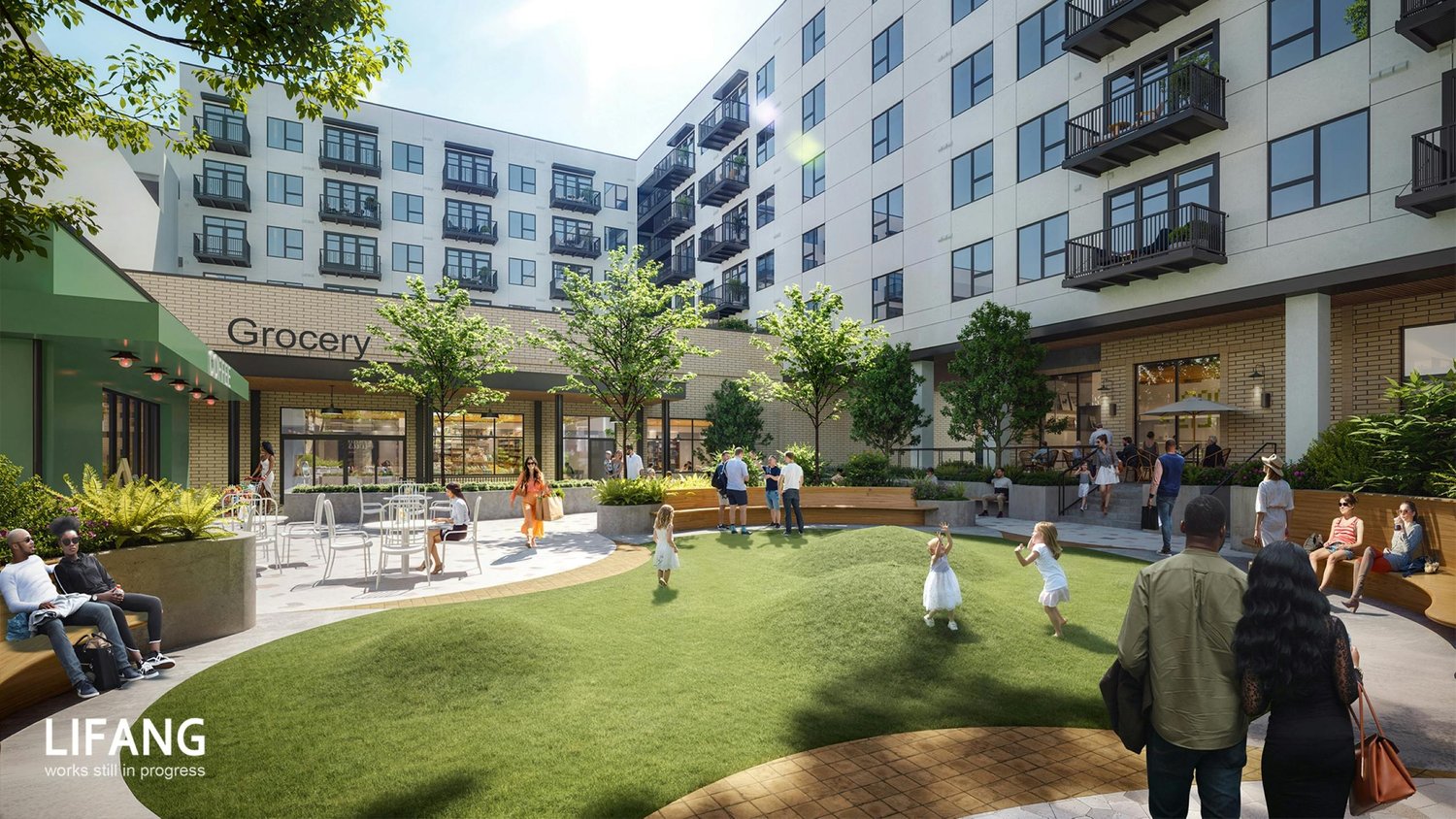 Rendering of the central courtyard and grocery entrance at AMLI Market Square