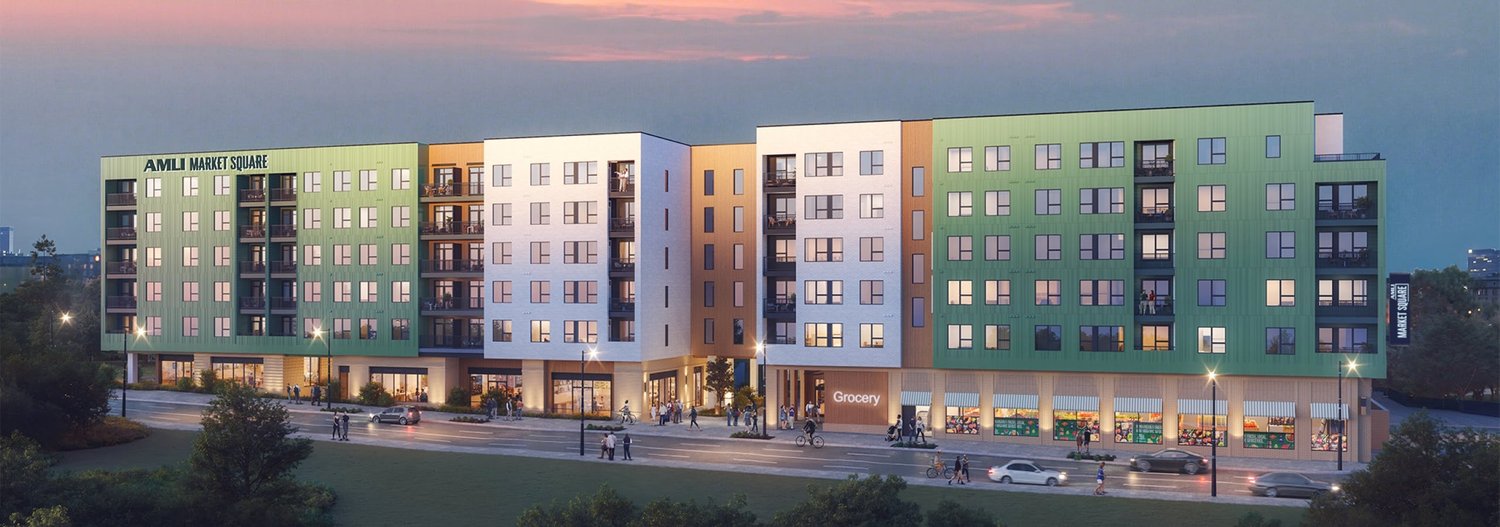 Rendering of AMLI Market Square at dusk, showing the ground-floor grocery along Commerce Drive in Decatur