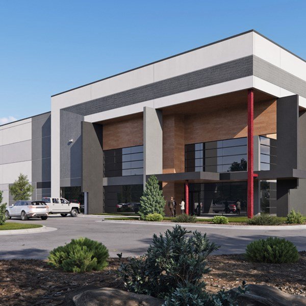 Close-up rendering of the main entry at AXIAL Commerce Station Industrial Building 1