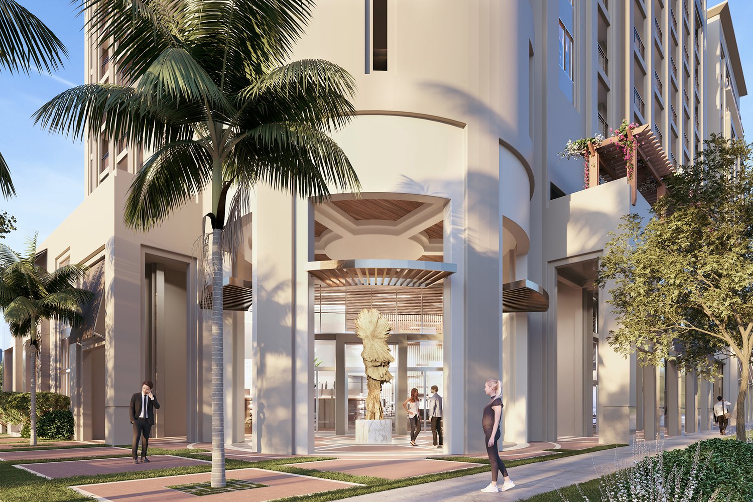 Rendering of The Aurelian's porte-cochère entrance and ground-floor arcade