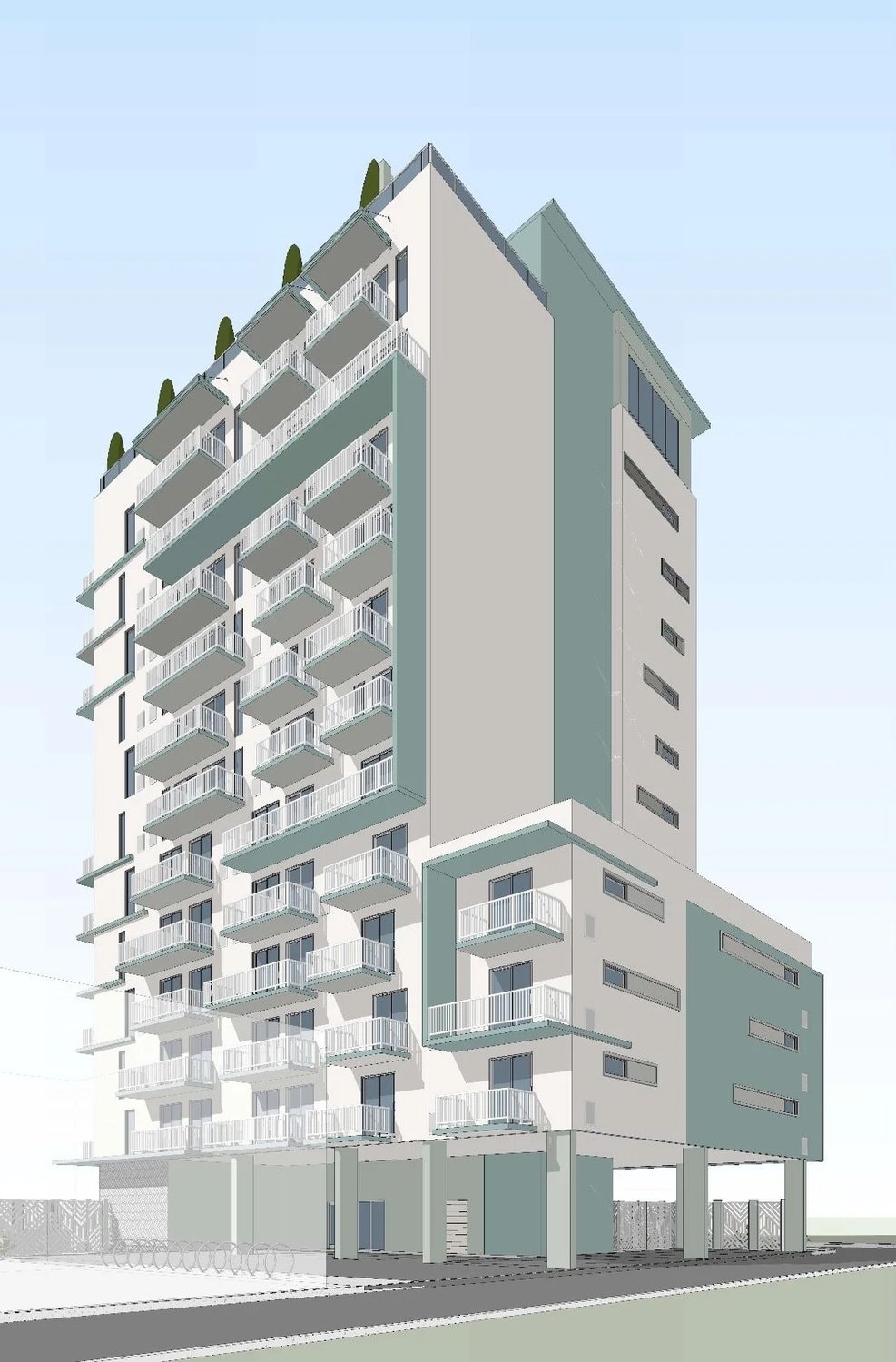 Side elevation rendering of Residences at 1663 showing balcony and rooftop amenity design