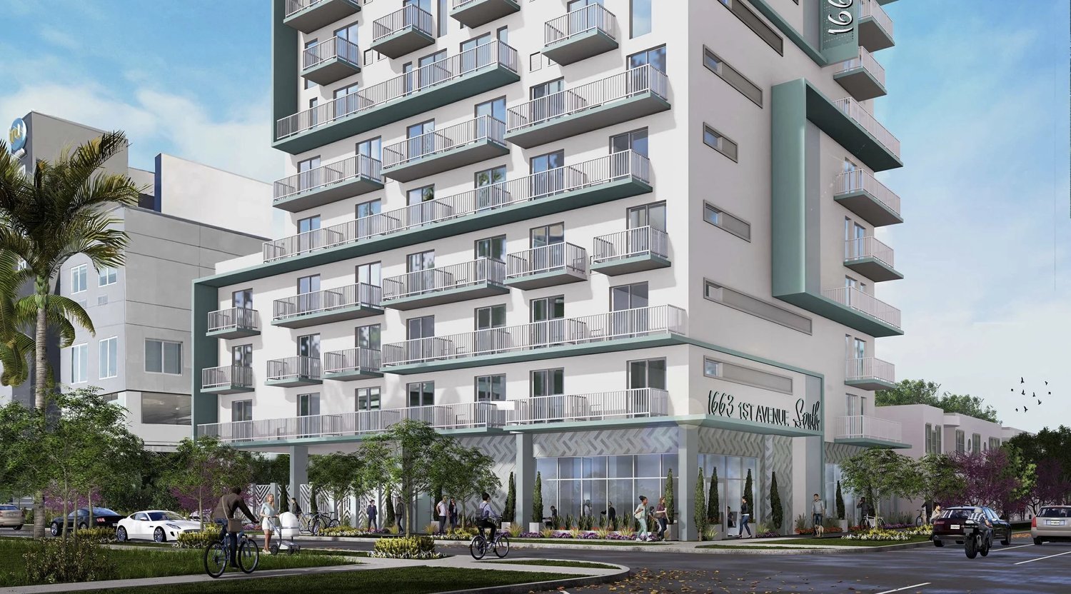 Street-level view of the Residences at 1663 podium and lobby entrance along 1st Avenue South