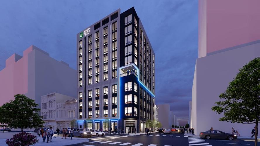Evening rendering of the Holiday Inn Express planned for 4th Avenue and Union Street