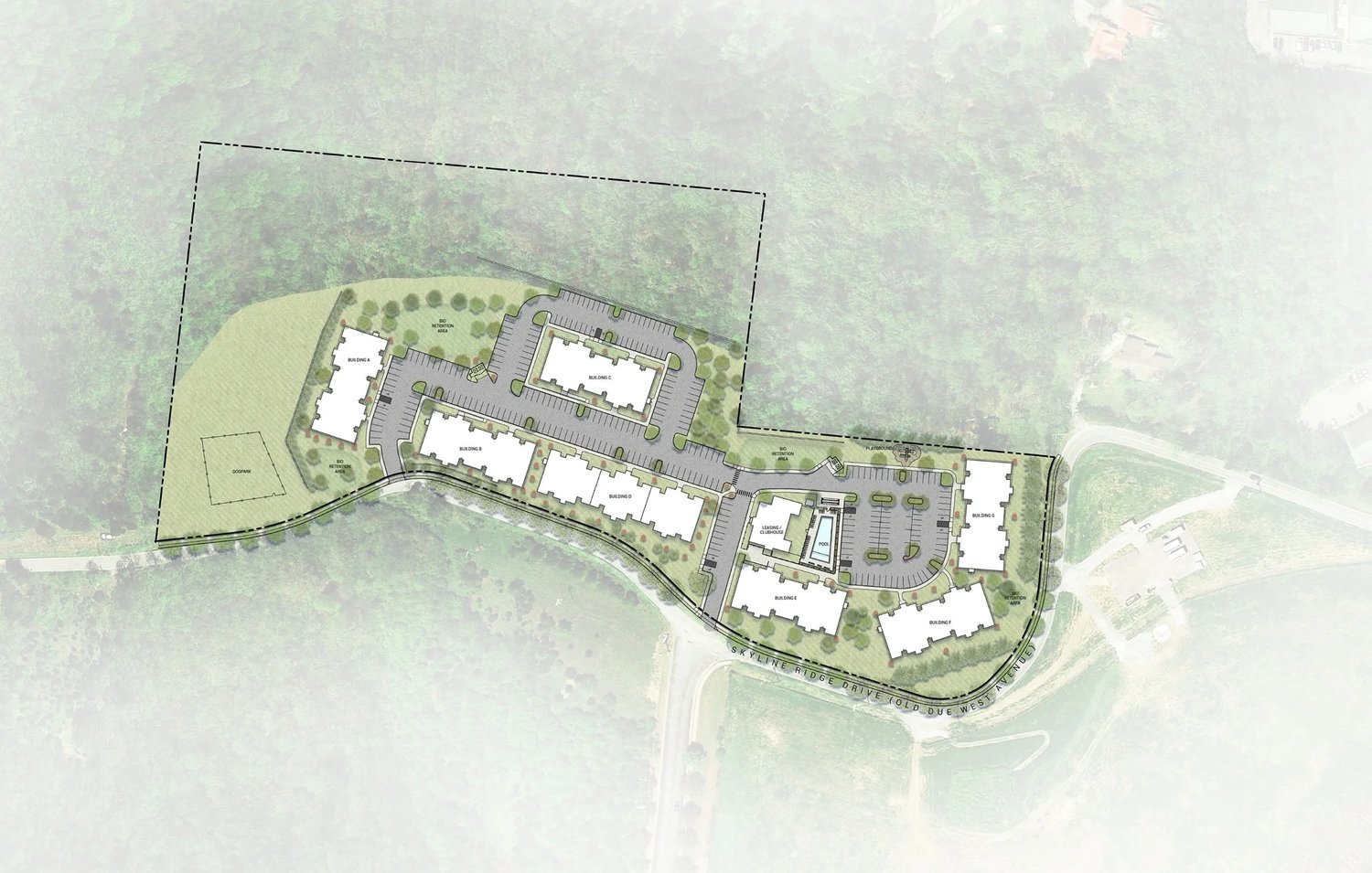Site plan for Skyline Ridge Apartments showing building layout and parking