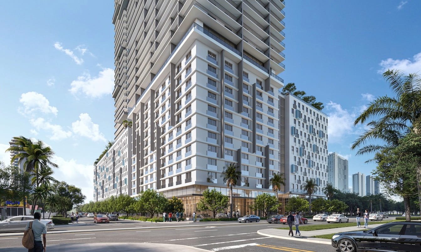 Street-level rendering of the 3333 Biscayne podium along Biscayne Boulevard