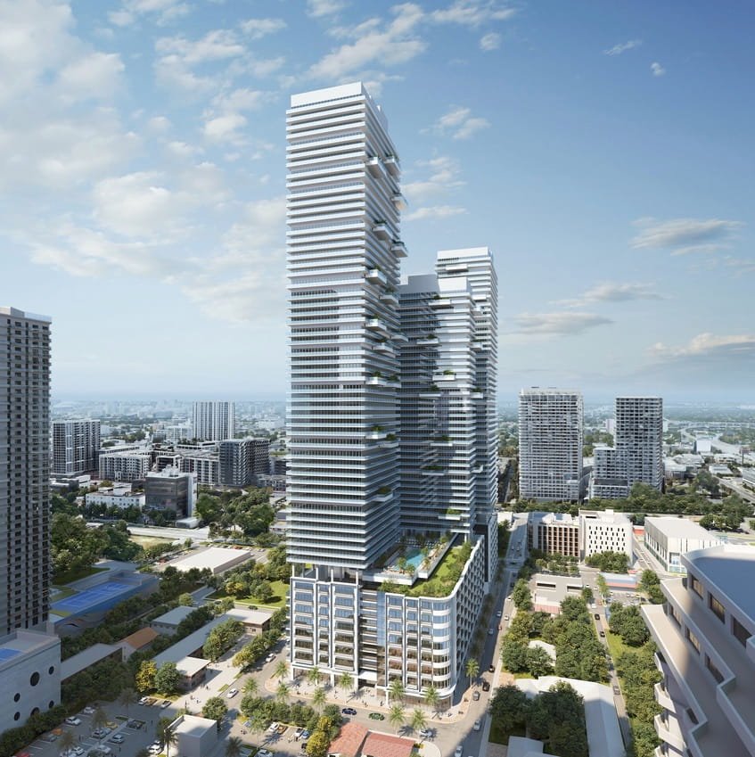 Aerial rendering of the 3333 Biscayne towers and podium in Miami's Edgewater neighborhood