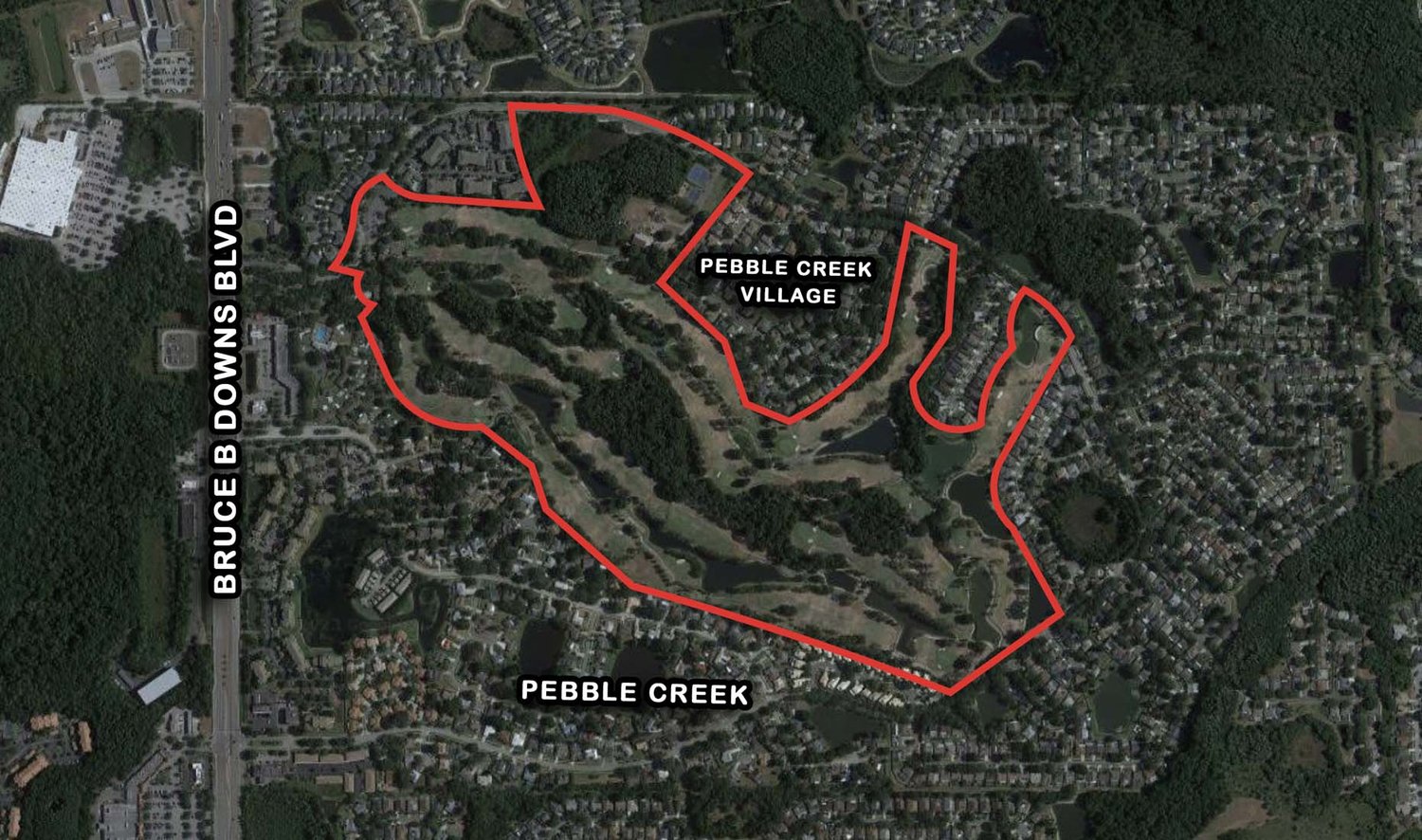 Aerial map showing the outlined Pebble Creek golf course site slated for redevelopment