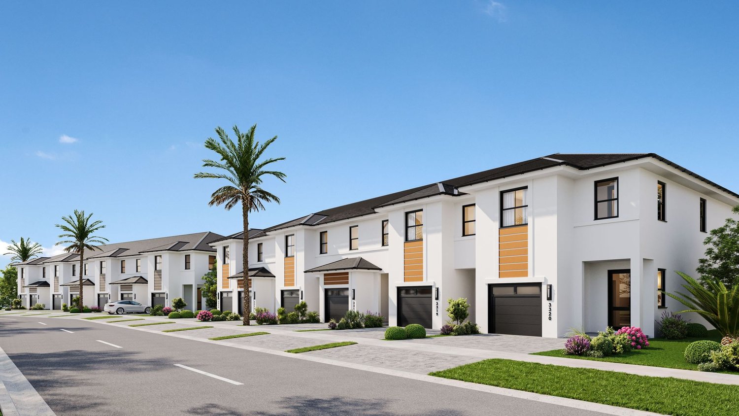 Rendering of the townhome streetscape at Redland Reserve (Bluenest at Krome), Krome Avenue & SW 272nd Street