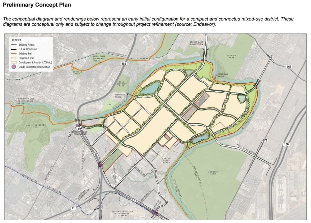 Preliminary concept plan for the Dog's Head mixed-use development in Southeast Austin (source: Endeavor Real Estate Group)