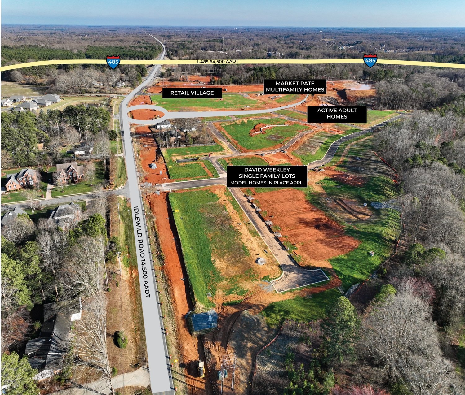 Aerial view of the Cadia Village Matthews site under construction along Idlewild Road near I-485