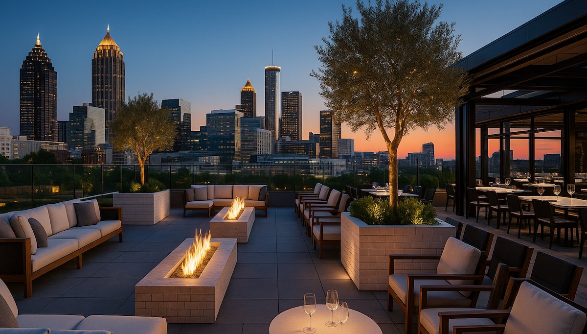Rendering of the rooftop lounge overlooking the downtown Atlanta skyline at 207 Peachtree