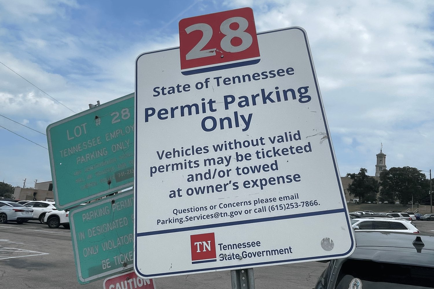 State permit parking sign at Lot 28 near the Tennessee State Capitol, one of the lots included in the proposed mixed-use redevelopment