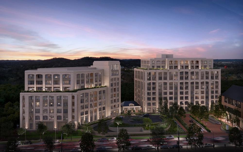 Rendering of The Residences at Belle Meade Village on Iris Lane at dusk