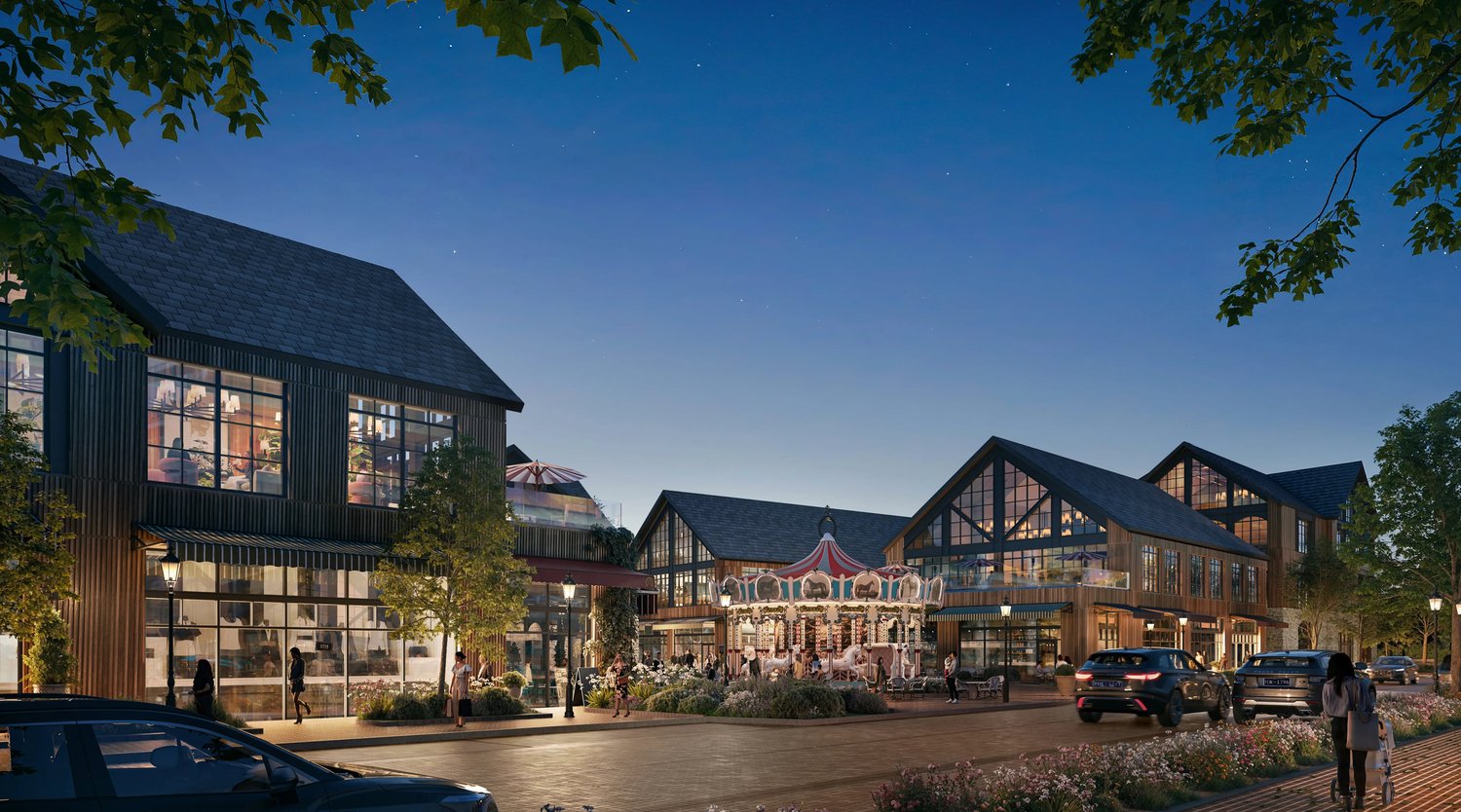 Rendering of the Belle Meade Village village center at night