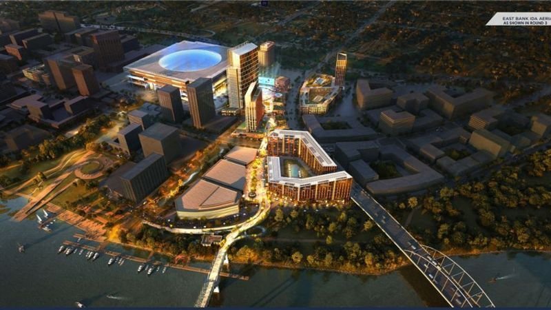 Aerial rendering of the East Bank development district showing the new stadium, mixed-use blocks, and riverfront parks