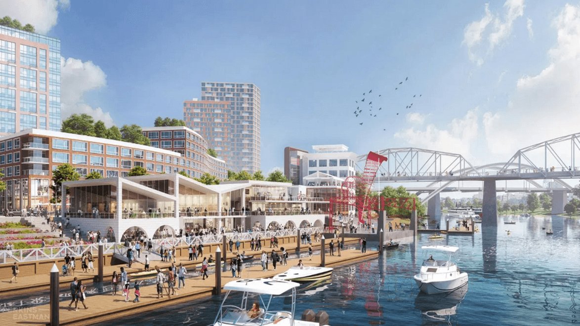 Rendering of the East Bank riverfront promenade along the Cumberland River, with the Shelby Street Pedestrian Bridge at right
