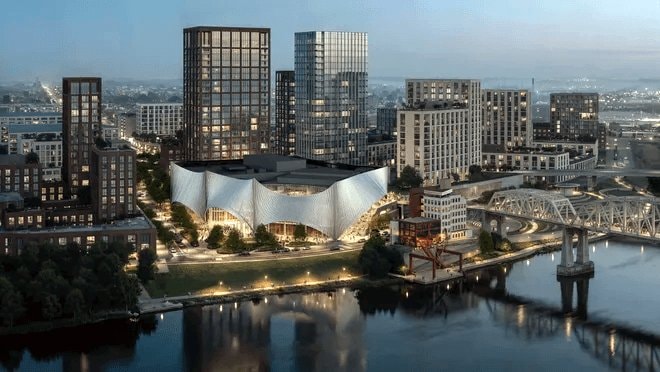Rendering of the East Bank skyline at dusk, featuring the new Tennessee Performing Arts Center on the Cumberland River