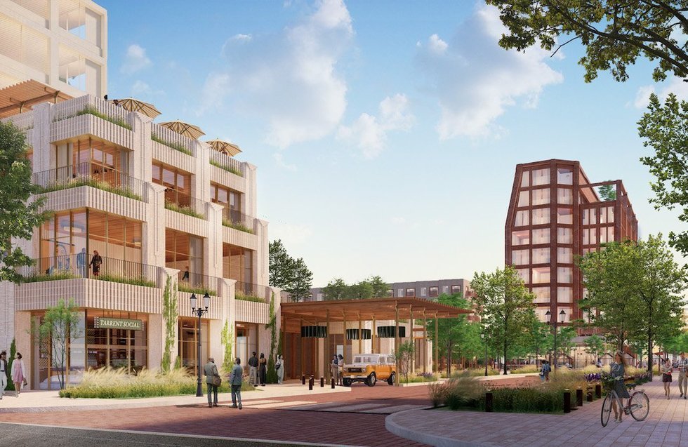 Rendering of a pedestrian street at Westside Village in Fort Worth's Cultural District