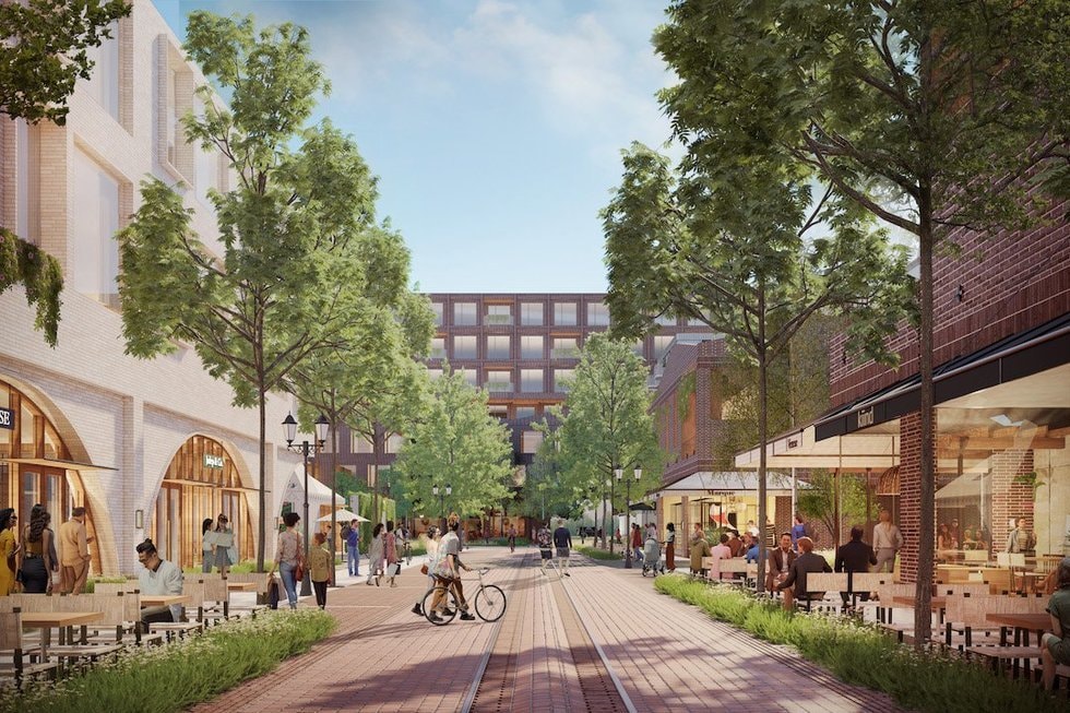 Rendering of the retail-lined pedestrian promenade at Westside Village