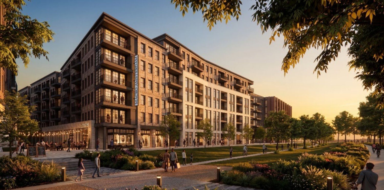 Rendering of residential buildings and green space at Amsterdam Walk