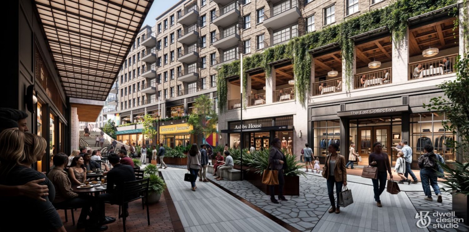 Rendering of the retail promenade at the Amsterdam Walk redevelopment (Dwell Design Studio)
