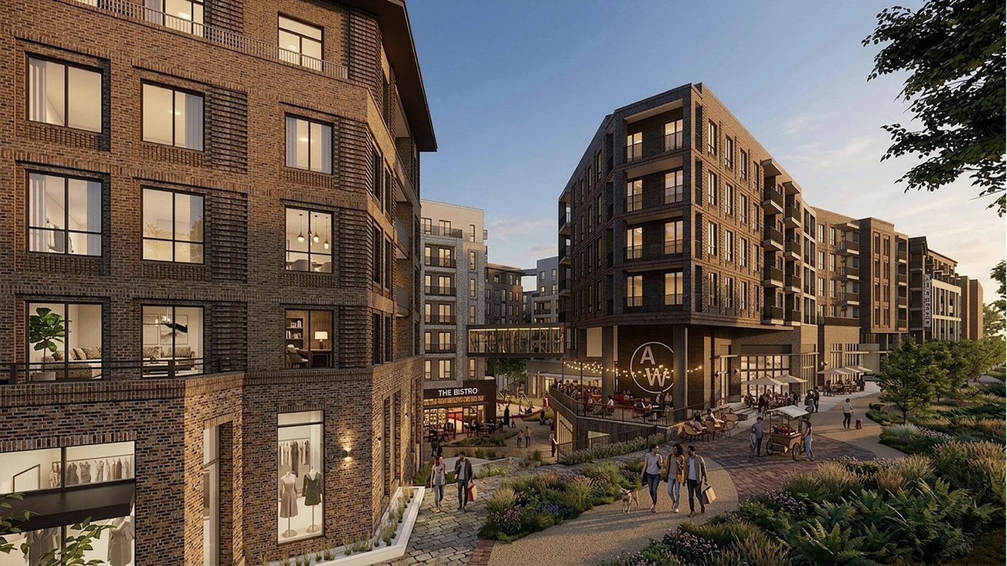Rendering of the central plaza at Amsterdam Walk with ground-floor retail