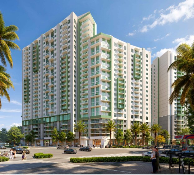 Street-level rendering of the proposed tower at Stirrup Plaza in Coconut Grove