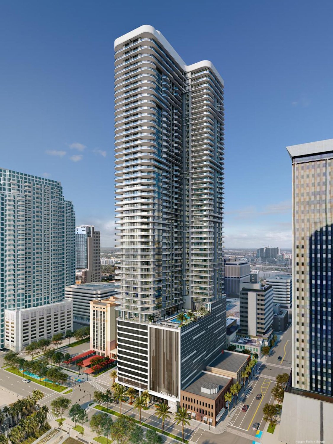 Aerial rendering of the 55-story ONE Tampa tower in downtown Tampa