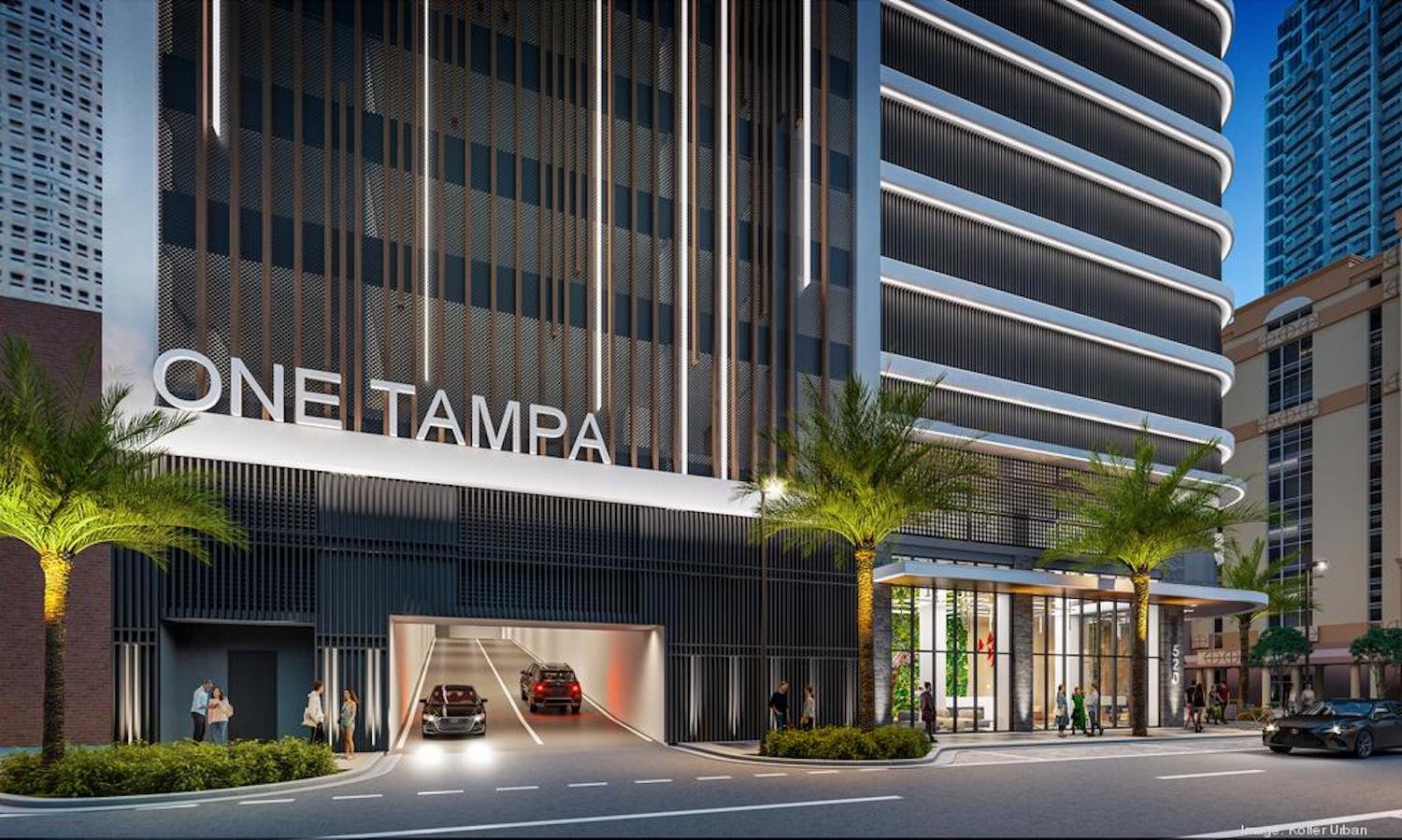 Rendering of ONE Tampa's entrance and porte-cochere with project signage