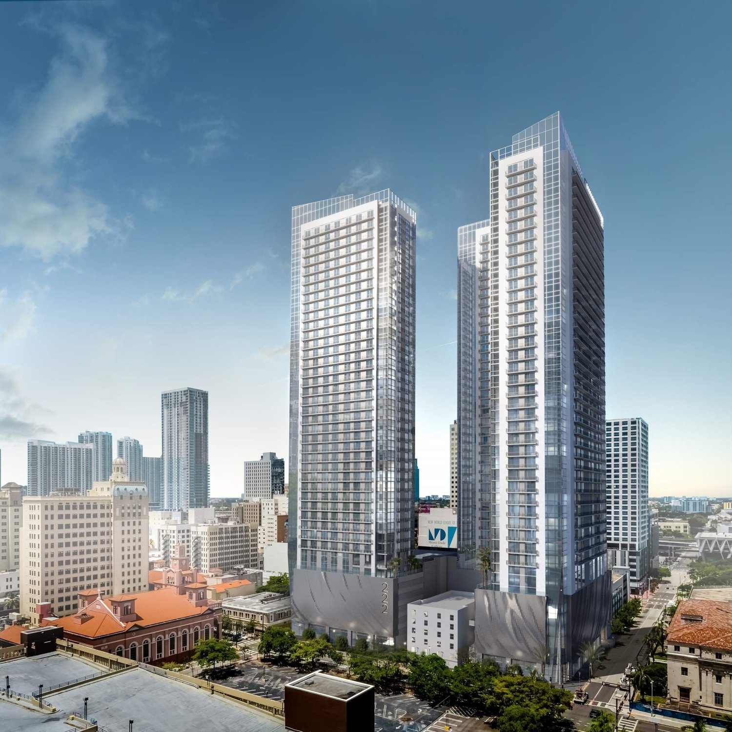 Aerial rendering of Namdar Towers Phase II (222) at 50 NE 3rd Street