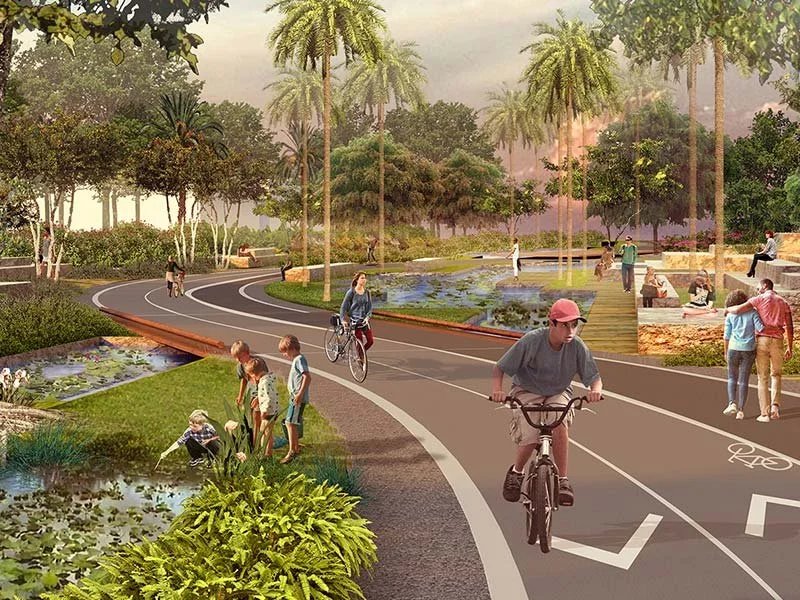 Concept rendering of the Ludlam Trail showing bike lanes, wetlands, and native landscaping