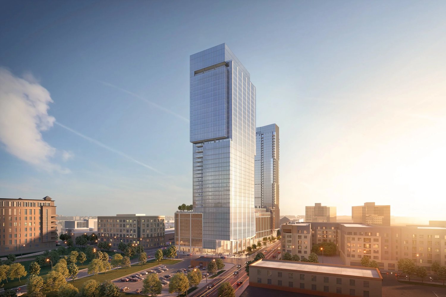 Rendering of Queensbridge Collective's office and residential towers at 1111 South Tryon Street