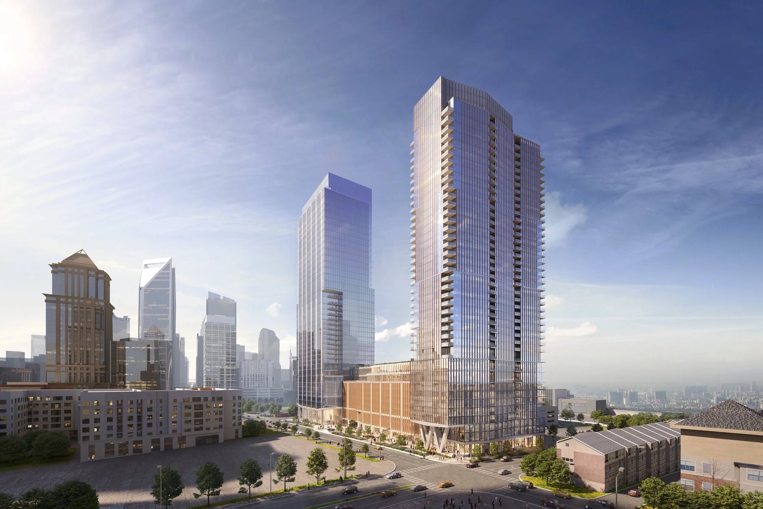 Rendering of Queensbridge Collective's two towers viewed from South End