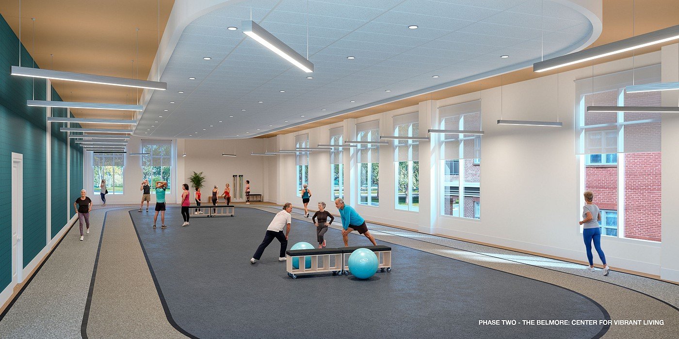 Rendering of the indoor walking track and wellness area in the Center for Vibrant Living