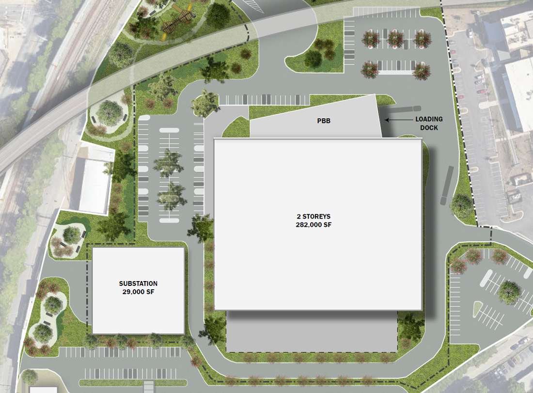 Detailed site plan of the Adair Park carrier hotel showing the data center, substation, and loading dock