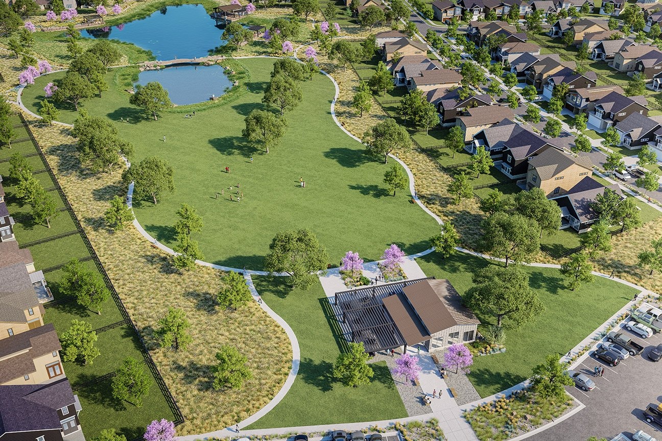 Rendering of park and pond green space planned at The Ridge