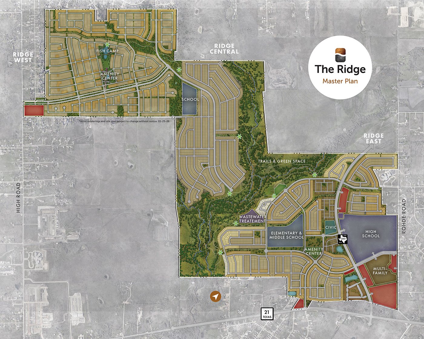 Master plan for The Ridge, showing Ridge West, Central and East sections along State Highway 21