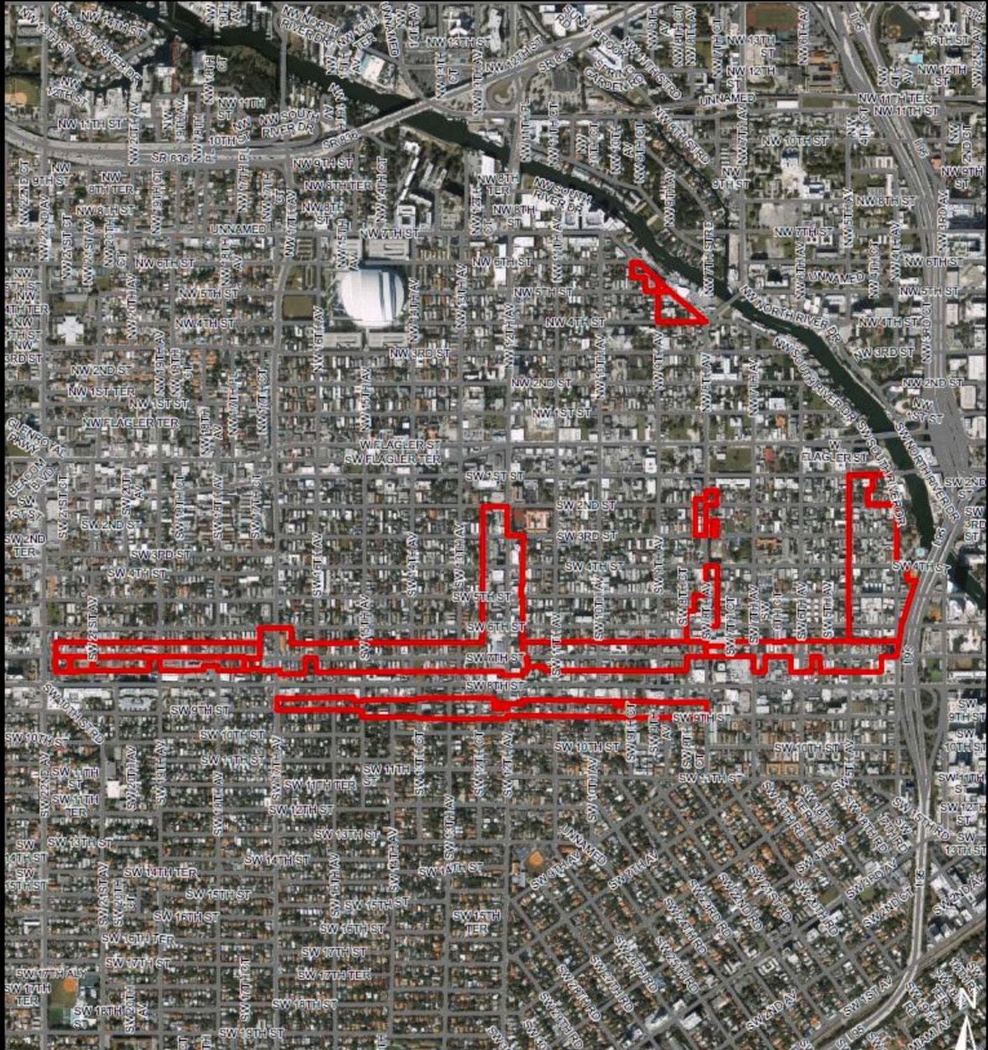 Aerial map outlining the parcels included in the proposed Little Havana and Miami River upzoning