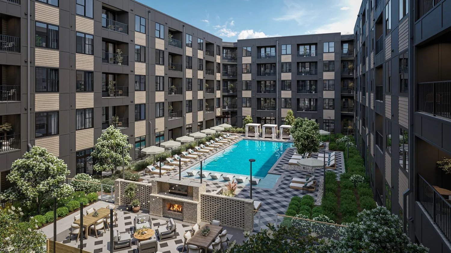 Rendering of the pool courtyard at Caldwell