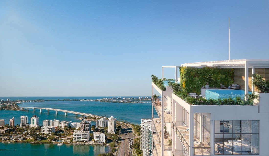 Rendering of the rooftop amenity deck at 1260 North Palm Residences overlooking Sarasota Bay