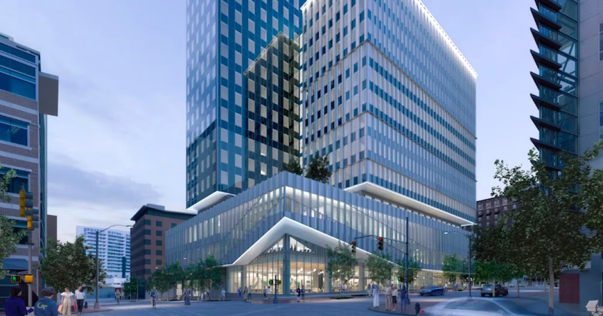 Street-level rendering of Tech Square Phase 3's George and Scheller towers