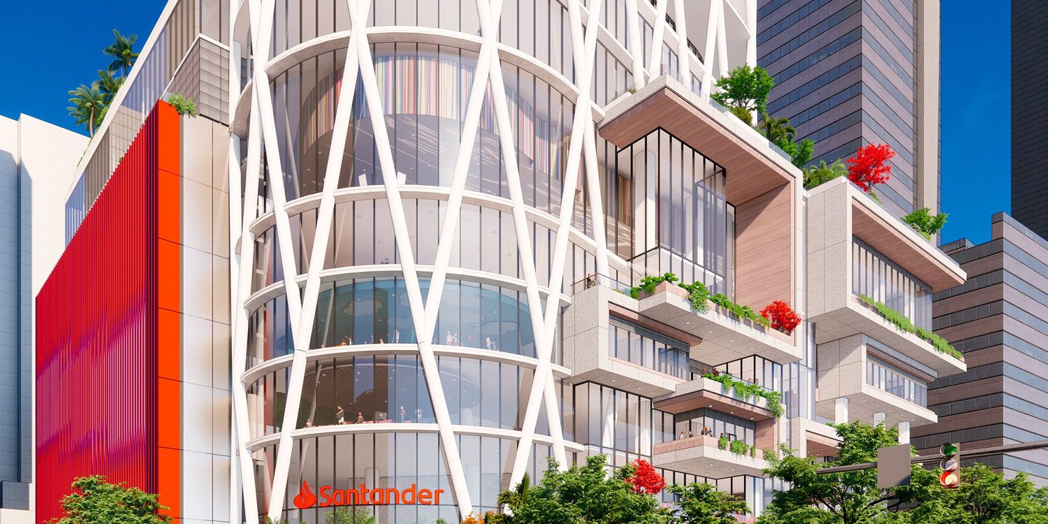 Street-level rendering of the podium and facade of 1401 Brickell by Santander