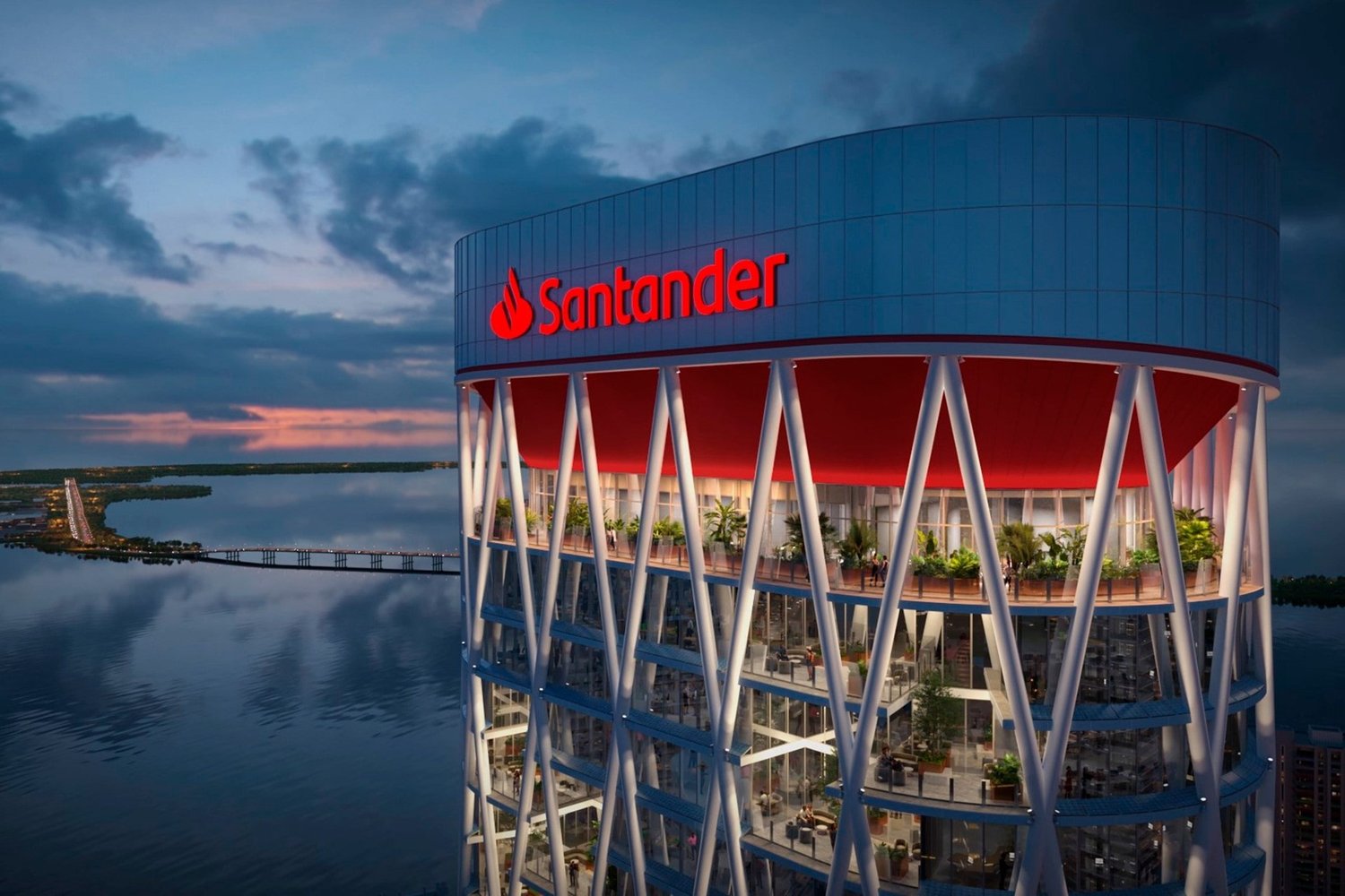 Rendering of the illuminated Santander Tower crown at dusk overlooking Biscayne Bay