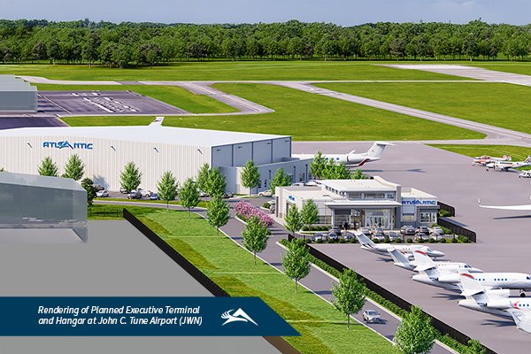 Rendering of the planned Atlantic Aviation executive terminal and hangar at John C. Tune Airport