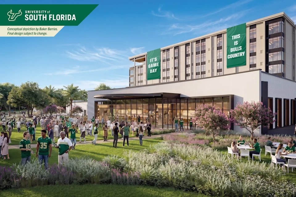 Conceptual rendering of a gathering lawn and building at Uptown Landing (Baker Barrios Architects/USF)