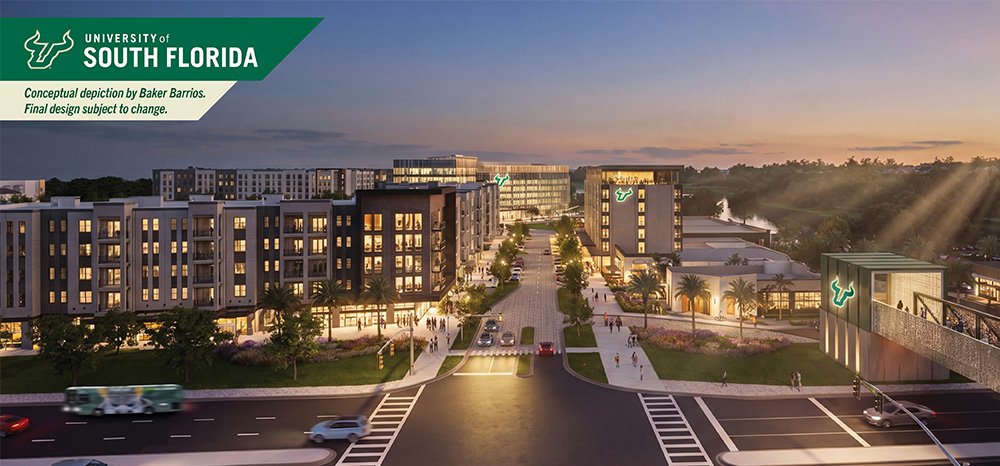 Conceptual rendering of Uptown Landing at dusk, looking down the district's main pedestrian spine (Baker Barrios Architects/USF)