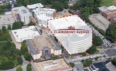 Site aerial showing 160 Clairemont at the corner of Clairemont Avenue and Commerce Drive